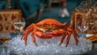 © Palmesrk - A vibrant red crab displayed on a bed of ice, with elegant table settings and wine glasses in a luxurious dining environment