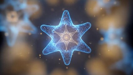 Abstract image of a glowing blue star-shaped organism, with intricate internal structure and bokeh effect