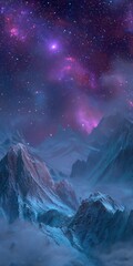 Wall Mural - Mountain range with a pink sky and stars