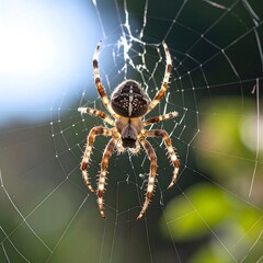 Orb-weaver spider centered in intricate web, sunlight highlights