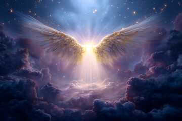 Wall Mural - Large angel flying through a cloudy sky