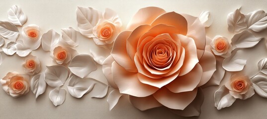 Wall Mural - Elegant and Delicate Floral Arrangement with Soft Roses in 3D Low Profile and Gentle Wave Texture