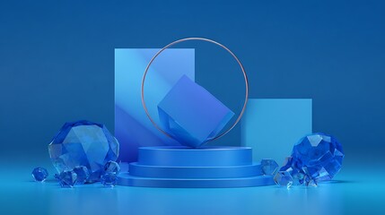 3d rendering of blue abstract geometric background. Scene for advertising, technology, showcase, banner, game, sport, cosmetic, business, metaverse. Sci-Fi Illustration. Product display