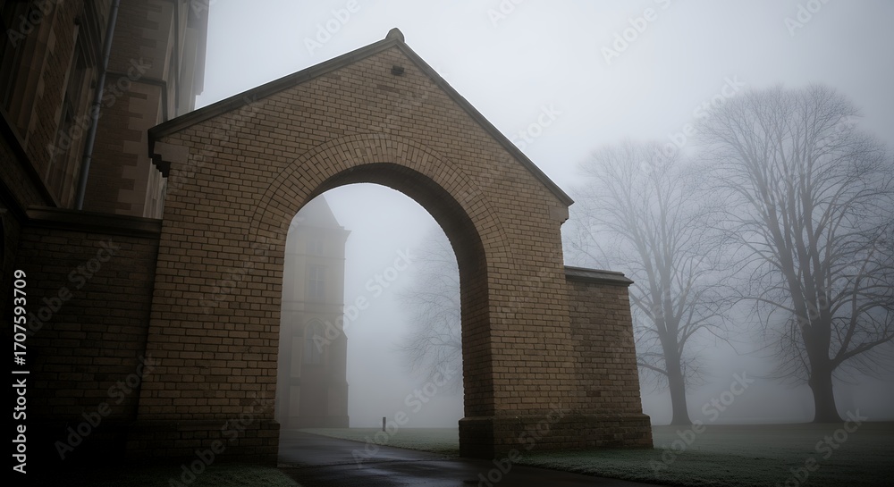 Ethereal entry: Brick archway shrouded in misty ambiance casting a ...