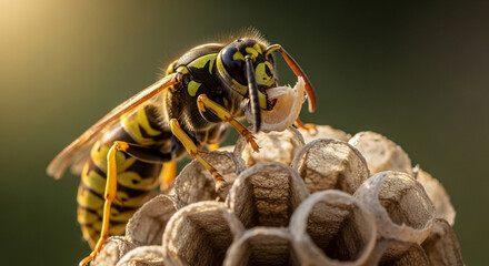 Detailed macro shot of a wasp feeding on a honeycomb cell in natural sunlight setting