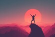 © gina - Silhouette stands atop a peak, arms raised in triumph, against a vibrant sunset illuminating a mountainous landscape