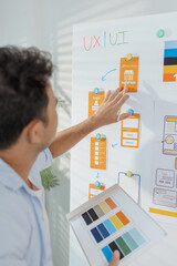 a young designer is working on a ux ui project, analyzing mobile app wireframes and choosing color p