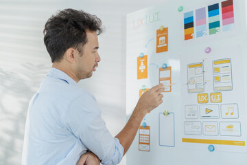 a creative designer is working on ux ui planning, reviewing wireframes, and adjusting color schemes 