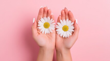 top view of beautiful female hands holding white daisy flowers on soft pastel pink background, spa o