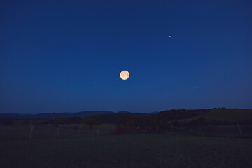 Wall Mural - Full Moon with stars, planets and rural countryside tree silhouettes.