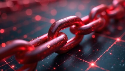 Red digital chain links symbolize secure data networks and cyberspace. Shiny, metallic links form strong connection, representing technology, information, and system integrity against online threats.