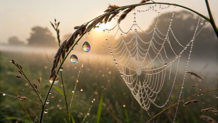 Morning Dewdrop on Web: A delicate spider web, adorned with shimmering water droplets, glistens against the soft light of a misty morning sunrise, revealing the intricate beauty of nature's artistry.