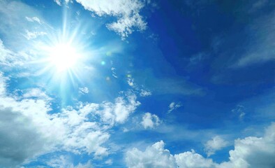 radiant sunlight shines brightly in a vibrant blue sky with scattered white clouds, creating a seren