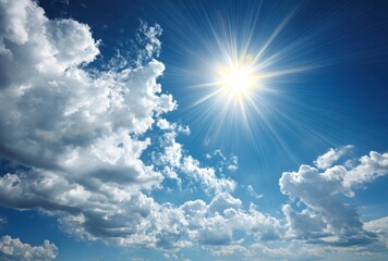 bright sunlight radiates from blue sky scattered with puffy, white clouds creating a radiant and ser