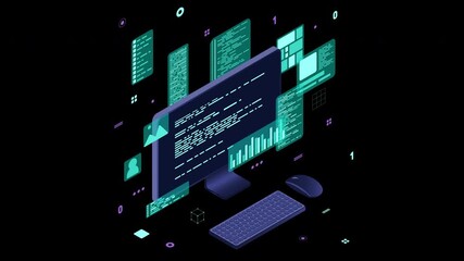 Computer technology animation. Desktop computer platforms. Software programming coding concept. Code with computer monitor. Transparent background with alpha channel