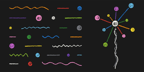 Wall Mural - Set of Design Elements Hand-drawn Colored Abstract Collage of Lines and Circles Isolated on Dark Backdrop. Style of Children's Drawing.