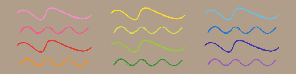 Wall Mural - Realistic Chalk Drawn Sketch. Set of Design Elements Rainbow Wavy Lines Isolated on Craft Paper.