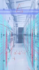Wall Mural - Mathematical equations and cyber security data processing against server room