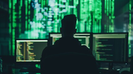Programmer silhouette facing multiple monitors, glowing green lines of code filling the screen.