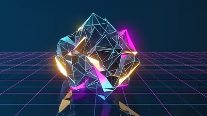 Glowing, wireframe geometric object on grid