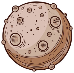 Illustrated planet graphic with craters and brown surface in retro design.