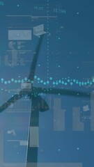 Wall Mural - animation of statistical data processing and light spot over spinning windmill against blue sky
