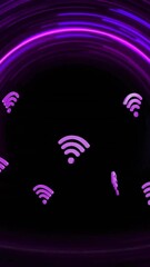 Wall Mural - animation of wifi icons and neon light trails on black background