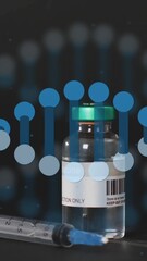 Wall Mural - animation of dna strand and vial with vaccine on black background