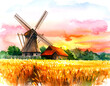 © Daffodil - Windmill with Colorful Sunset Sky – Watercolor Illustration