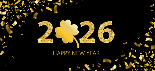 Wall Mural - 2026 New Year Golden Confetti Cloverleaf Black Header 2