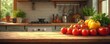 © Maryna - Rustic kitchen table displays fresh tomatoes, yellow bell peppers with parsley. Ingredients sit on wooden surface. Kitchen background with plants, stovetop, cabinets. Healthy food preparation concept.