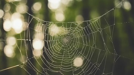 Delicate spider web, illuminated by sunlight, strung with water droplets, against a bokeh background