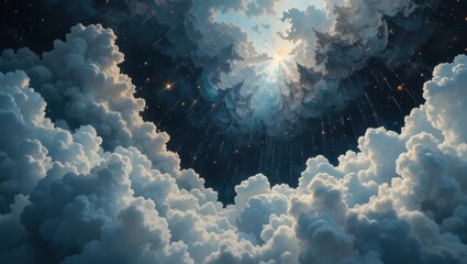 Wall Mural - Dramatic View of Fluffy Clouds Illuminated by Soft Light Against a Starry Night Sky