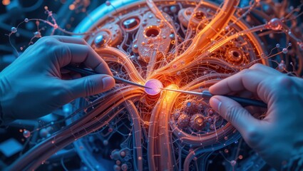 Wall Mural - Hands Experimenting with Luminous Energy Source in a Futuristic Technological Environment