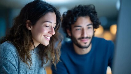 Two software developers collaborating on a project, displaying positive emotions as they engage with their computer screen in a dimly lit office environment