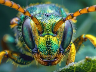 Macro of metallic green wasp face with vivid eyes and antennae on leaf