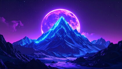 Neon-lit mountain peak dominates under a vibrant pink and purple full moon.
