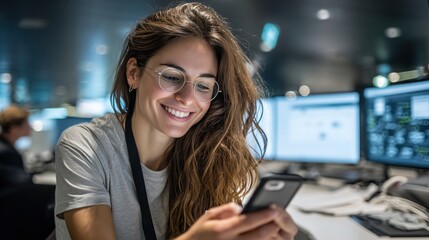 Jeune femme souriante avec lunettes utilisant son téléphone au bureau