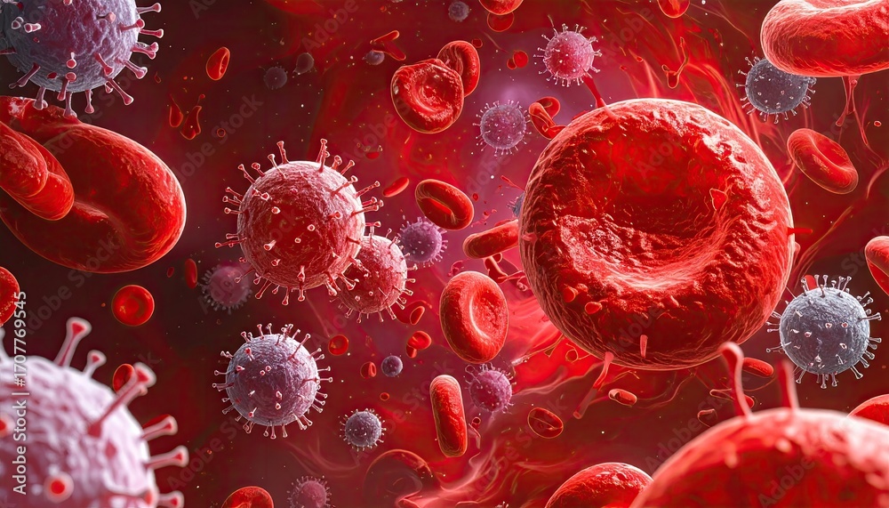 Microscopic View of Red and White Blood Cells Floating in a Red Liquid ...