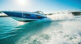 Luxurious speedboat gliding on blue water