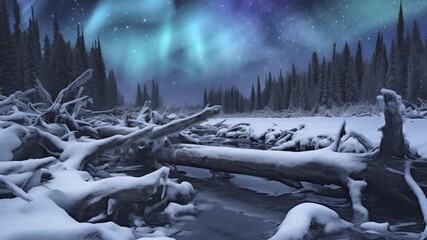 Wall Mural - Alaska Kobuk Valley National Park Aurora and Snow Forest Tilt Up Generative AI