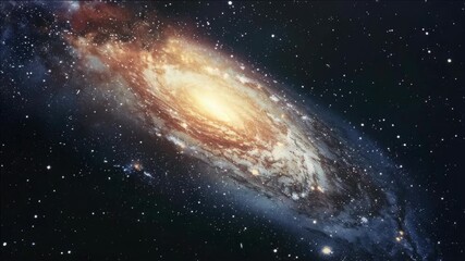 Wall Mural - A spiral galaxy with a bright yellow center. The galaxy is filled with stars and is surrounded by a dark blue background