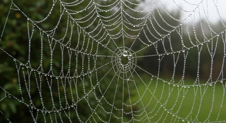 Dew-covered spiderweb glistens, delicate threads stretched against out-of-focus greenery creating an organic pattern