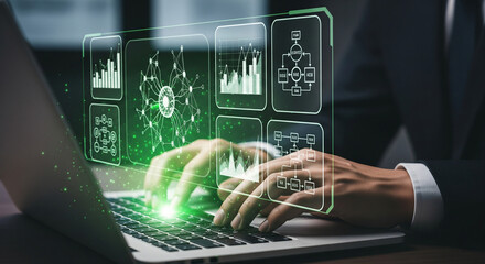 A person using a laptop with a dynamic holographic display showcasing various data charts and workflow diagrams, symbolizing business intelligence