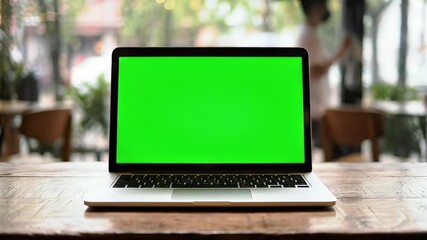 Laptop with a bright green screen for chroma key compositing on a rustic wooden table in a blurred modern cafe or office background