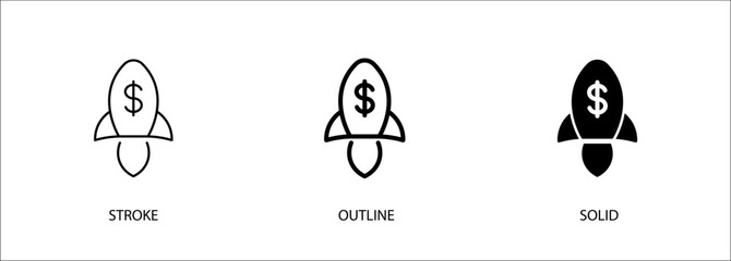 Rocket icon with money for startup, fast growth, fast development, science expenses. Vector stroke, outline and solid icon. Eps10 file.