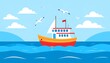 © Hokiia - Vibrant Flat Design Boat Sailing on Calm Blue Ocean with Flying Seagulls and Distant Hills - Nautical Vector Illustration