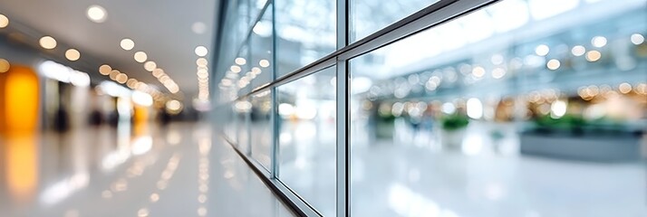 Blurred Commercial Interior Reflected in Large Windows with Abstract Bokeh Lights and Modern Design