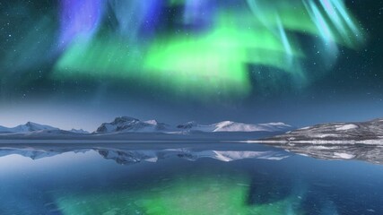 Wall Mural - Greenland Aurora Reflections Tranquility Time Lapse Tilt Down Generative AI