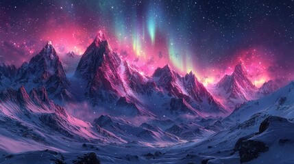 Pink and teal aurora borealis illuminates snowy mountain range at night.